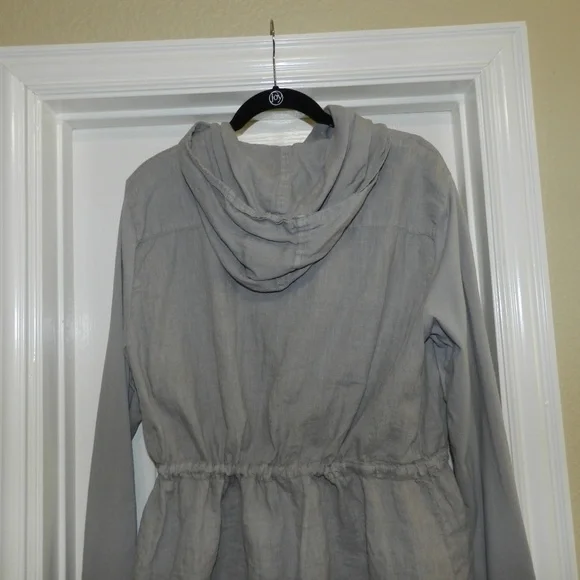 Flax Linen Button Front Hooded Jacket Drawstring Waist - Picture 9 of 12